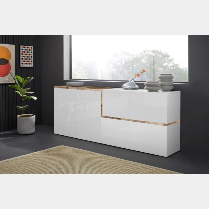 Madia moderna con 4 ante in finitura Bianco lucido e Pero L.210