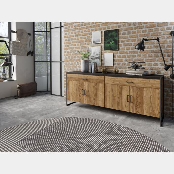 Credenza 4 ante 2 cassetti legno invecchiato e metallo nero