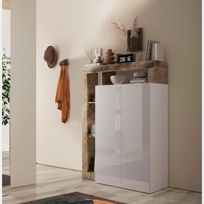 Madia alta moderna 2 ante battenti finitura Bianco lucido e Pero