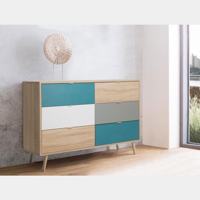 Madia Lavik con gambe in legno, 6 cassetti, finitura Quercia, Bianca, Petrolio e Grigia Zenzero Shop