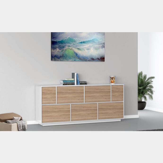 Credenza moderna con cinque ante a ribalta e due ante battenti, noce caracalla e bianco laccato lucido