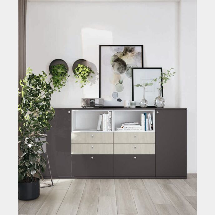 Madia 6 cassetti e 2 ante, finitura Grigio titanio e Rovere cognac