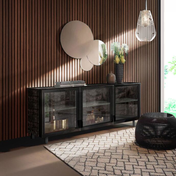 Madia moderna 3 ante con vetro fumè, finitura Legno bruciato