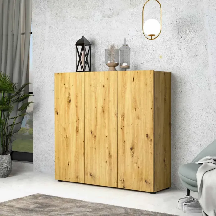 Scarpiera salvaspazio a 3 ante con 10 ripiani, finitura Rovere Artisan