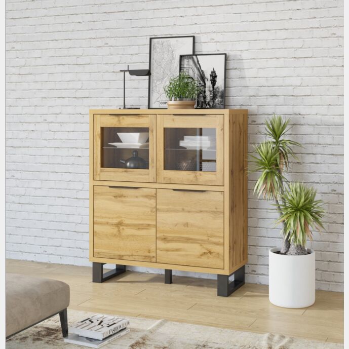 Vetrina bassa 4 ante e 6 ripiani, finitura quercia e metallo nero