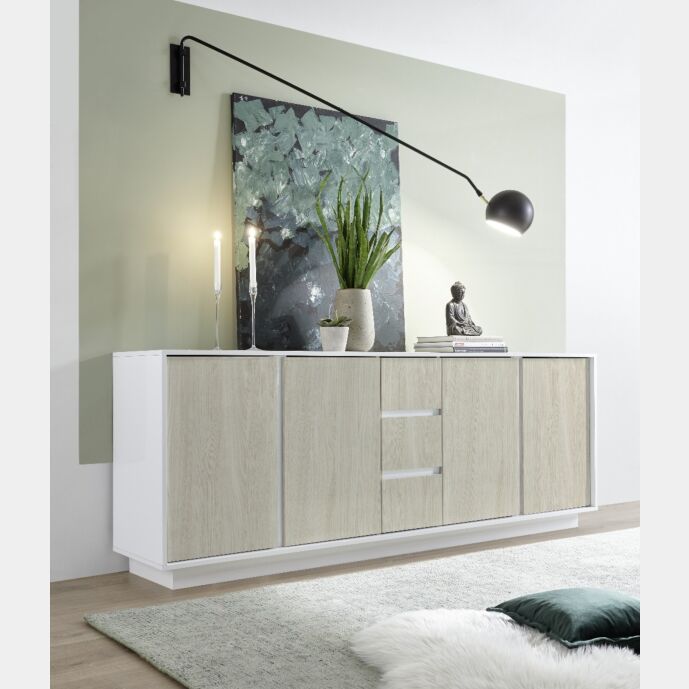 Credenza in offerta, madia moderna 4 ante 3 cassetti bianco e olmo