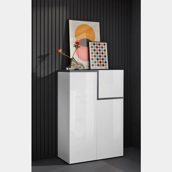 Madia alta con 3 ante in finitura bianco lucido, profili ardesia