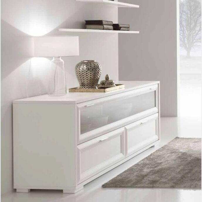 Madia classica Bianco Frassinato con ribalta in vetro e 2 cassetti