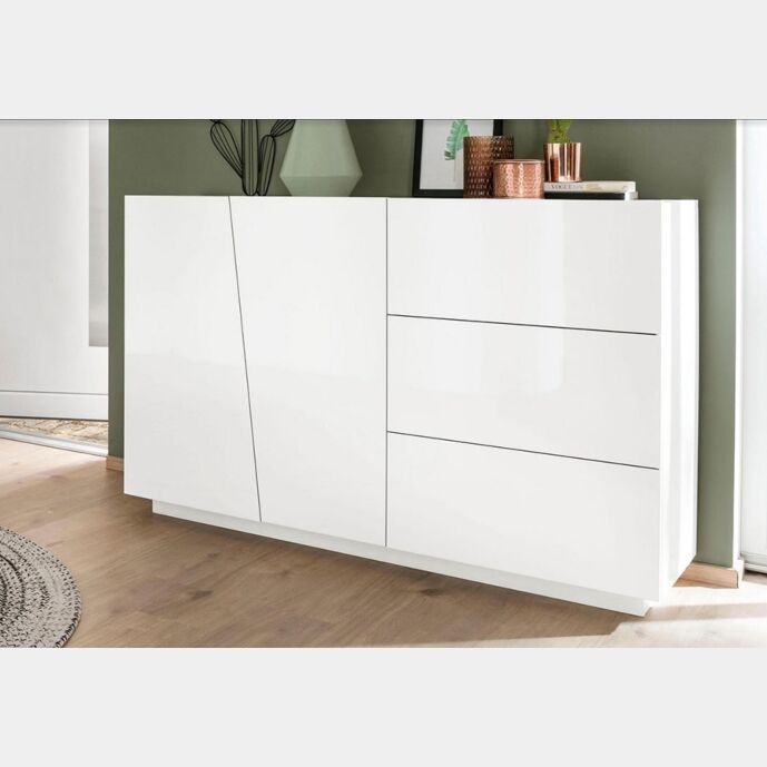Credenza Moderna Bianco Laccato Lucido 2 ante, 3 cassetti