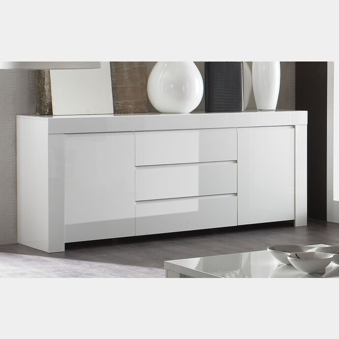 Credenza Moderna, Madia di Design a 2 ante e 3 cassetti, Bianco Lucido