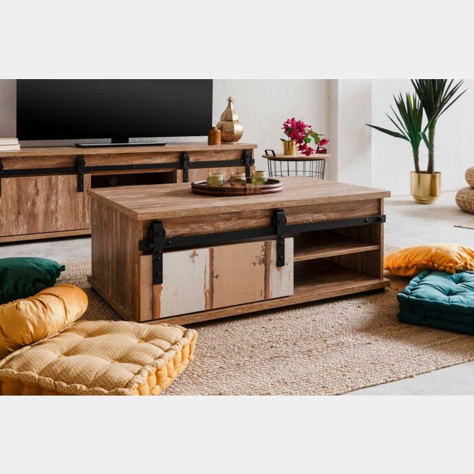 Tavolino Tromso con un'anta in finitura Bianco anticato e Rovere anticato