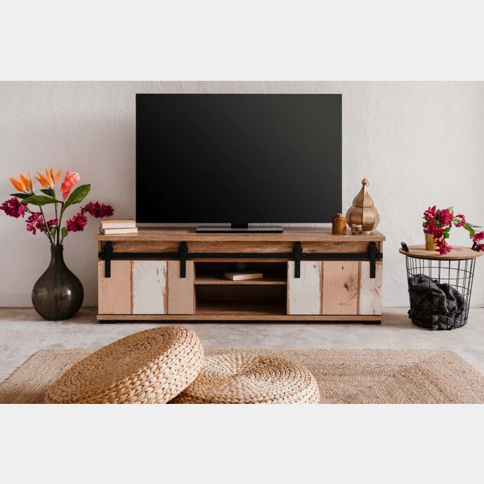 Porta Tv Tromso con 2 ante e un vano  in finitura Bianco anticato e Rovere anticato