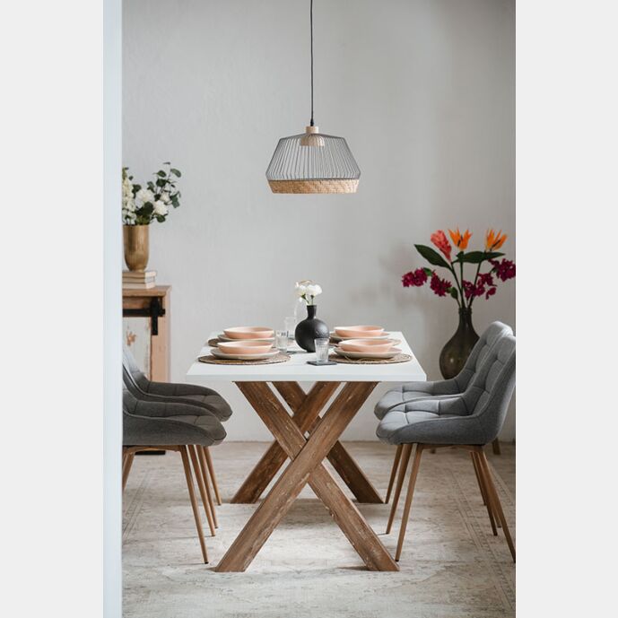 Tavolo moderno Tromso con gambe ad x in finitura Rovere anticato e bianco