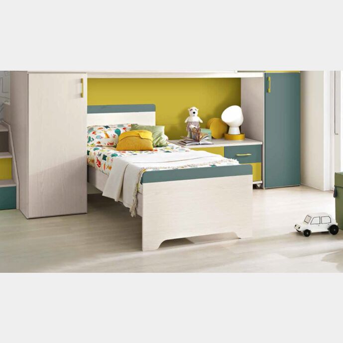 Letto singolo Simone per camerette per ragazzi, finitura Betulla e Petrolio