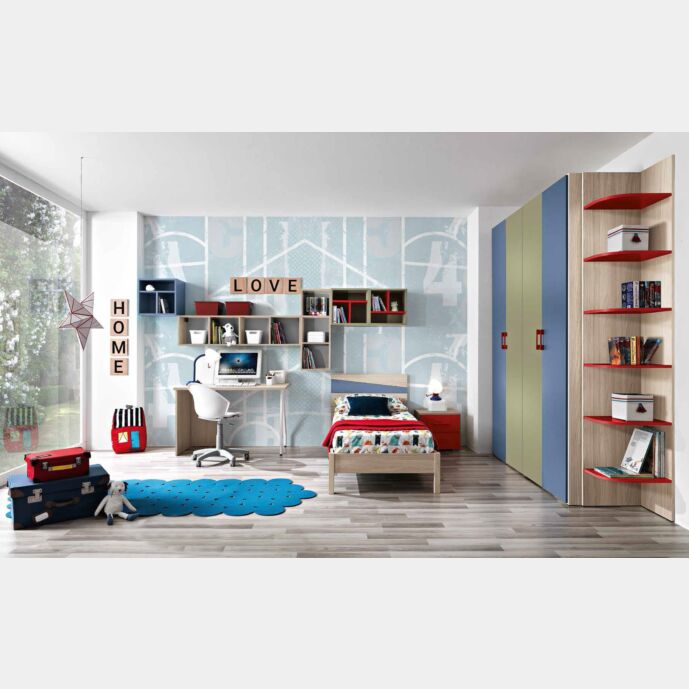 Cameretta completa Fabio con letto, comodino e armadio, olmo, avio, salvia e rosso