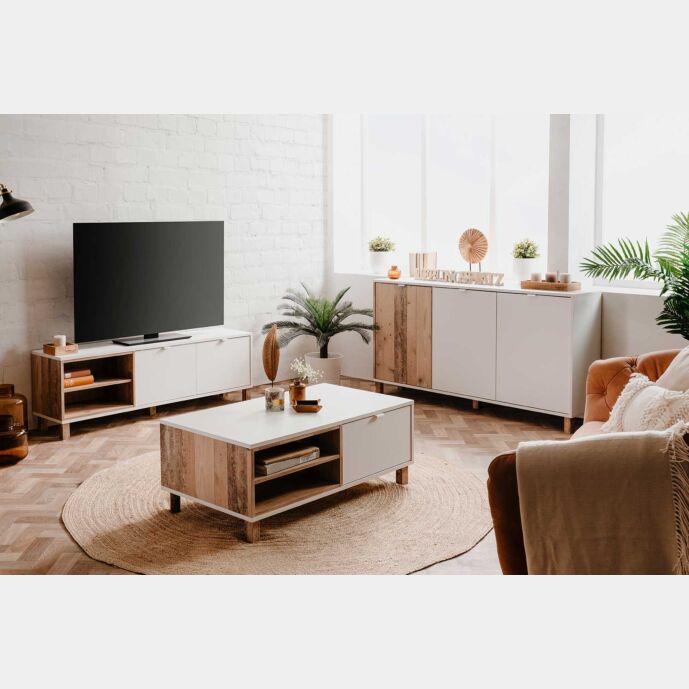 Tavolino Kilsbo con una ribalta e un ripiano in finitura Bianco opaco e Legno vecchio