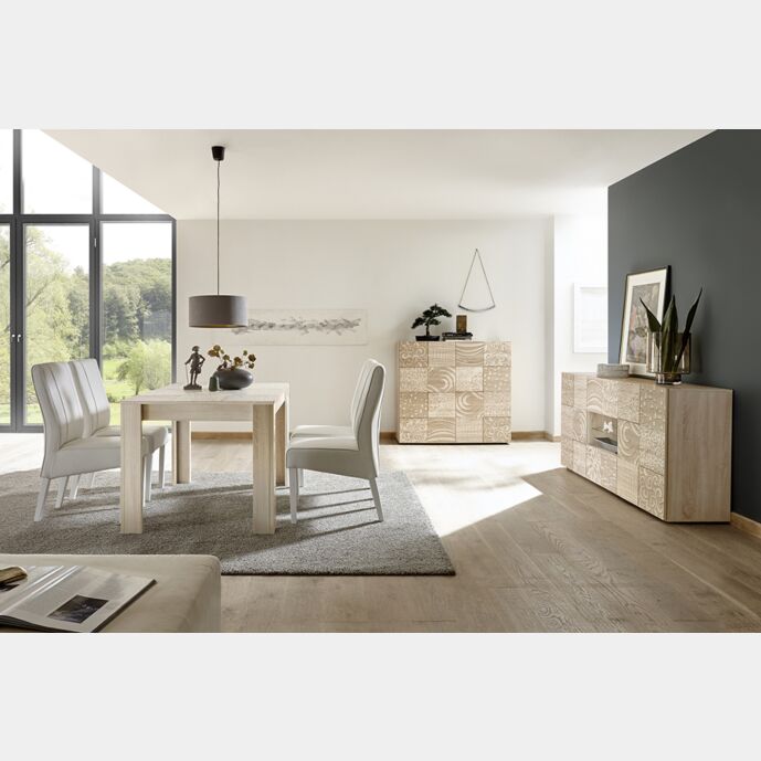 Sala completa di tavolo, 1 madia con 2 cassetti e 1 madia 2 ante in rovere serigrafato