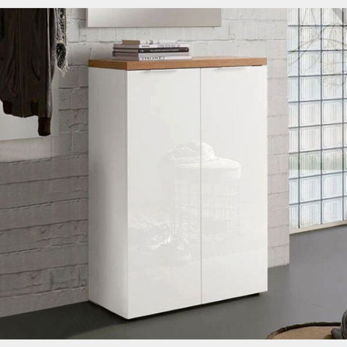 Madia scarpiera alta 2 ante colore Bianco laccato lucido e Castagno