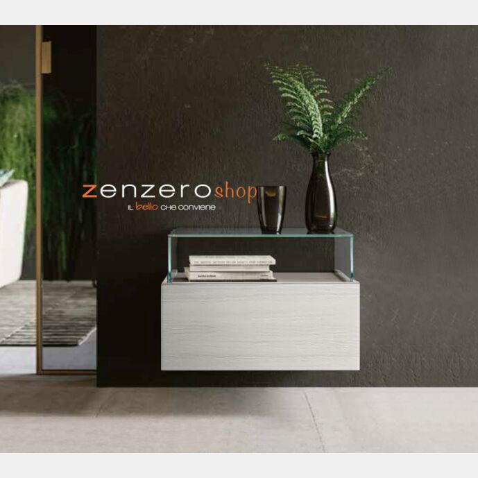 Comodino sospeso Palawan con teca in vetro in finitura Grigio seta e Bianco altea