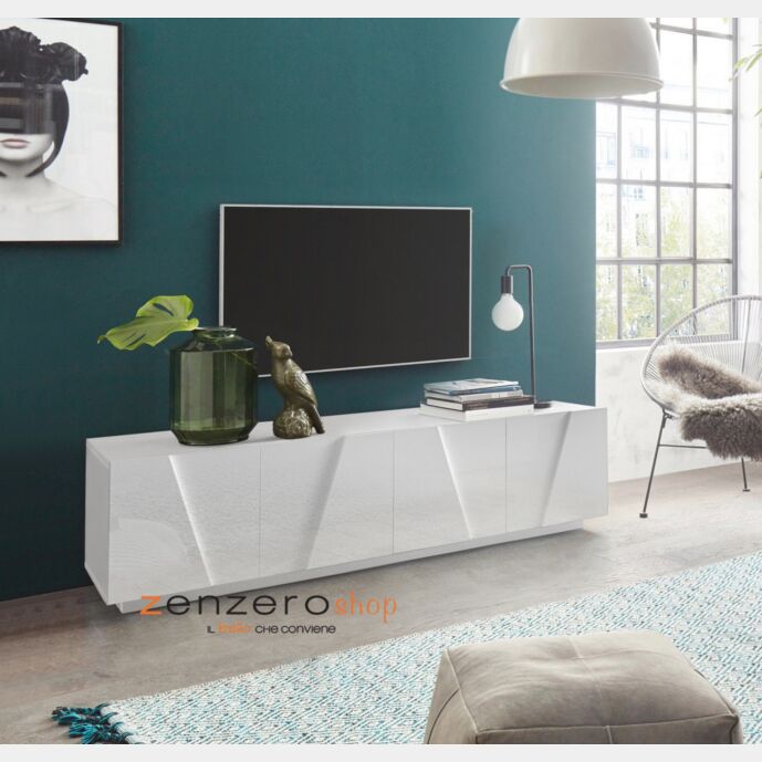 Mobili tv bianco 4 ante con disegni geometrici in finitura Bianco lucido