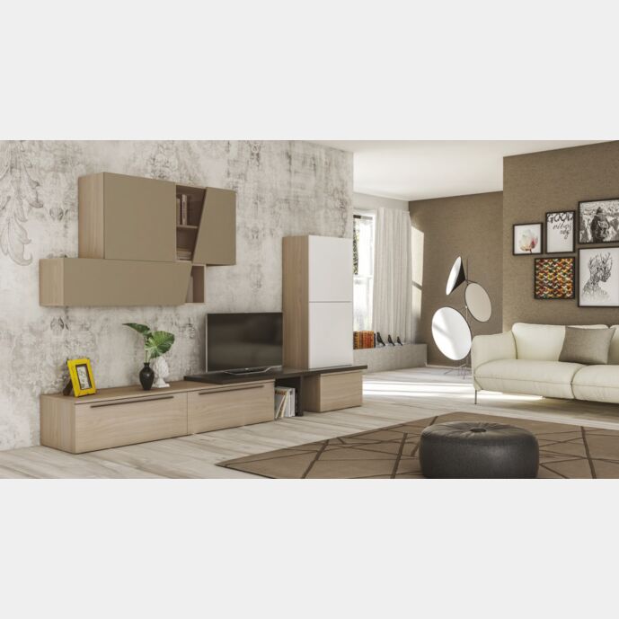 Parete attrezzata moderna, Olmo perla, Visone, Bianco seta e Fango, Made in Italy