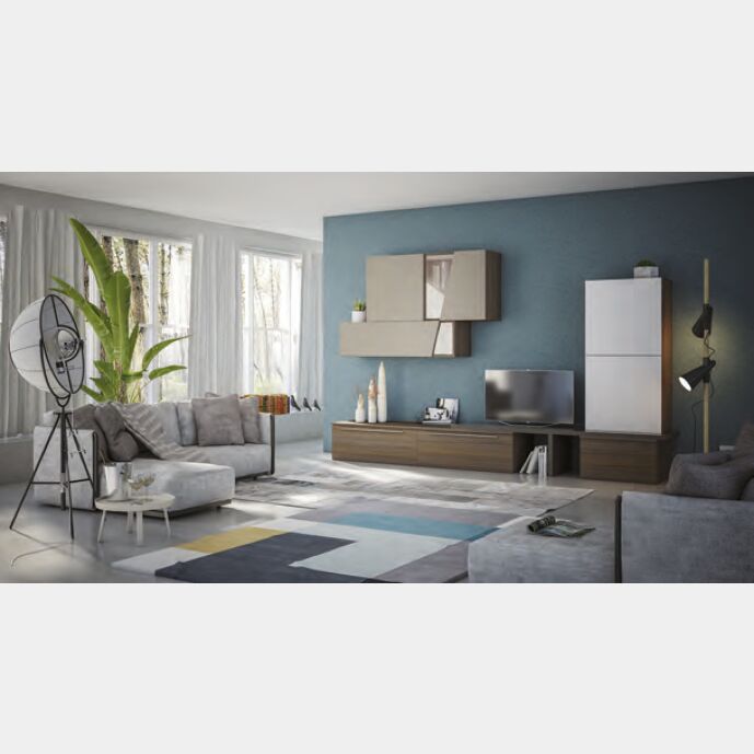 Parete attrezzata moderna, in finitura Noce, Visone, Bianco seta e Fango, Made in Italy