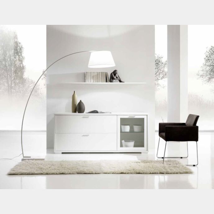 Credenza contenitore con anta in vetro, anta ribalta e cassettone inferiore