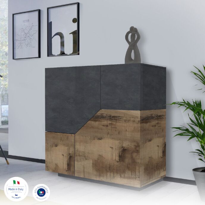 Conveniente Madia geometrica di design alta 2 ante, colore Ardesia e Pero