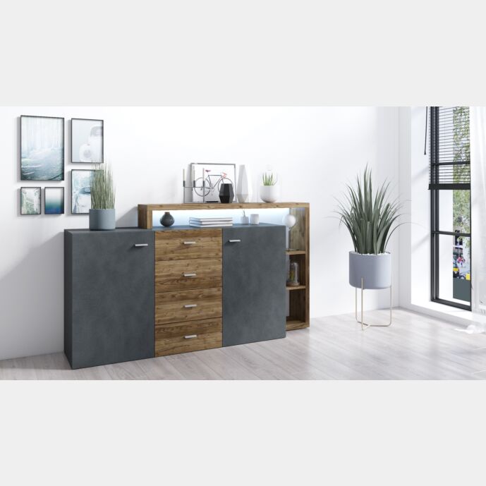 Credenza multiuso 2 ante e 4 cassetti, noce e antracite spatolato