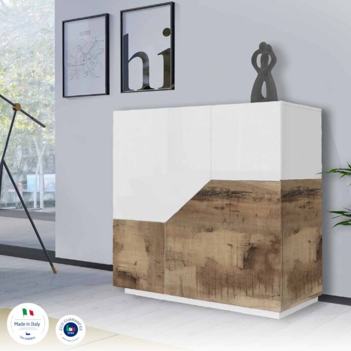 Innovativa Credenza geometrica alta 2 ante, colore Bianco lucido e Pero