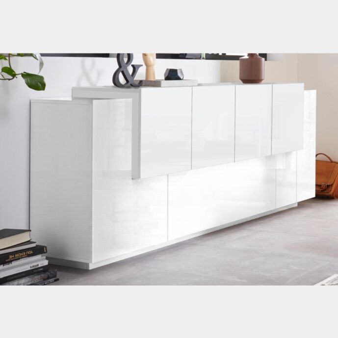 Conveniente Credenza finitura Bianca, 6 ante e 1 ribalta, Made in Italy