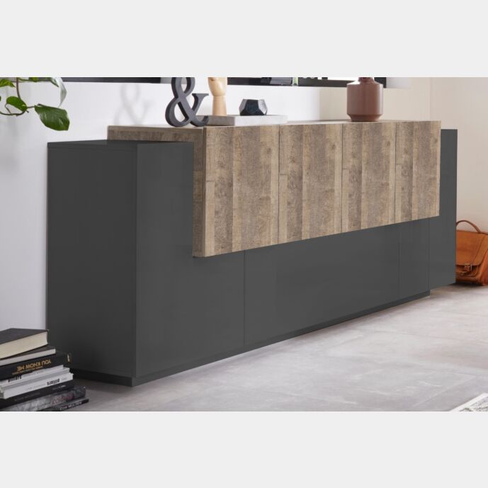 Spaziosa Credenza finitura Antracite e Oak, 6 ante e 1 ribalta