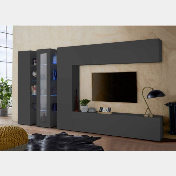 Parete attrezzata con 1 vetrina, 2 colonne e 2 pensili orizzontali, finitura Antracite lucido 