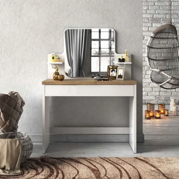 Toletta da trucco con cassetto, colore Bianco lucido e Top Rovere