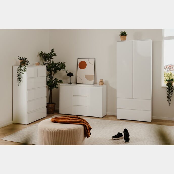 Composizione da ingresso moderna formata da Armadio, Settimino e Madia finitura Bianco lucido Zenzero Shop