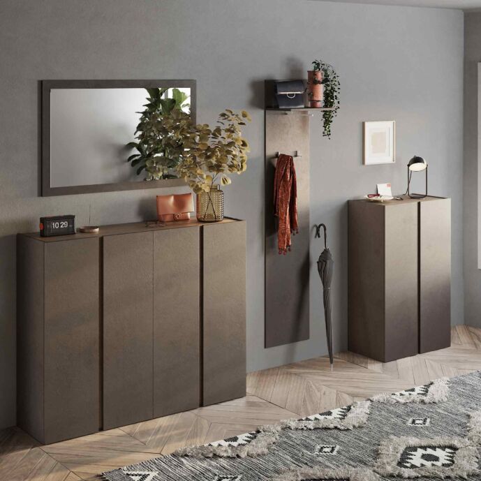 Composizione da ingresso moderna con madia 4 ante, madia 2 ante, specchio e appendiabiti