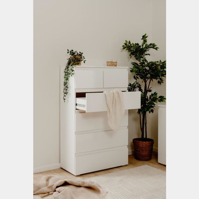 Spazioso settimino 6 cassetti, finitura Bianco Lucido