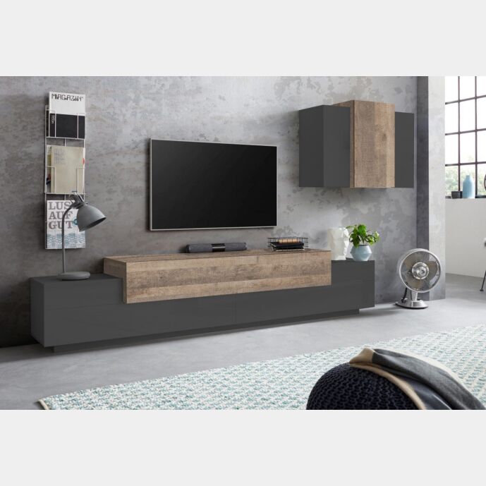 Economico Porta Tv L.240 cm con pensile sospeso in finitura Ardesia e Oak