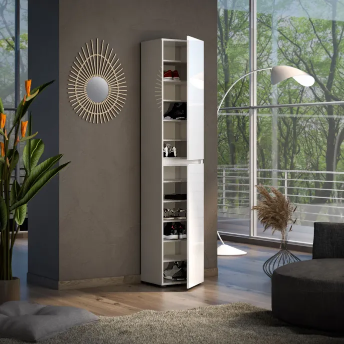 Colonna multiuso 1 anta con 11 ripiani, finitura Bianco lucido