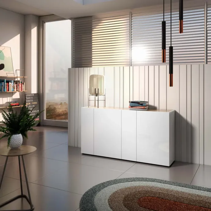 Madia moderna 4 ante, Bianco lucido con top Rovere