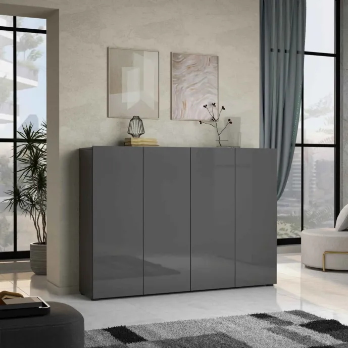 Scarpiera moderna 4 ante finitura Antracite Lucido, Made in Italy