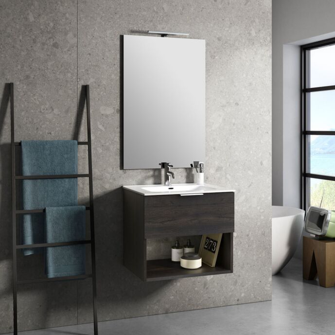 Mobile da bagno sospeso con lavabo in ceramica, colore Testa di Moro