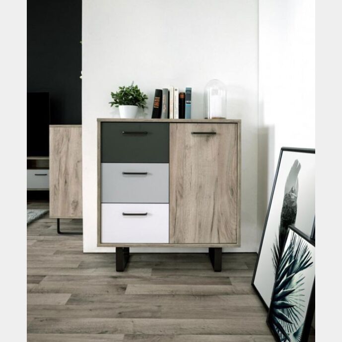 Madia Lappo di design con gambe in metallo, 1 anta 3 cassetti, finitura Quercia, Bianca, Grigio e Antracite