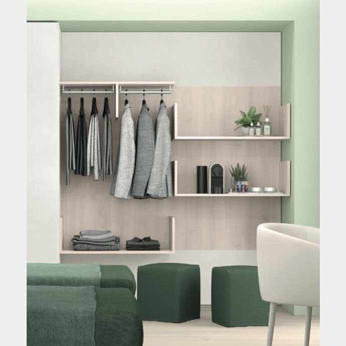 Panello attrezzato con 3 mensole e 2 tubi appendiabiti in finitura Noce brina