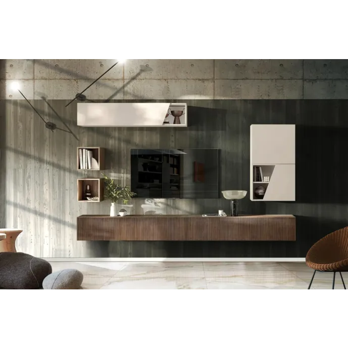 Parete attrezzata 305x30x210 h cm,Cashmere e Mercure cannettato, collezione Logica Zenzero Shop