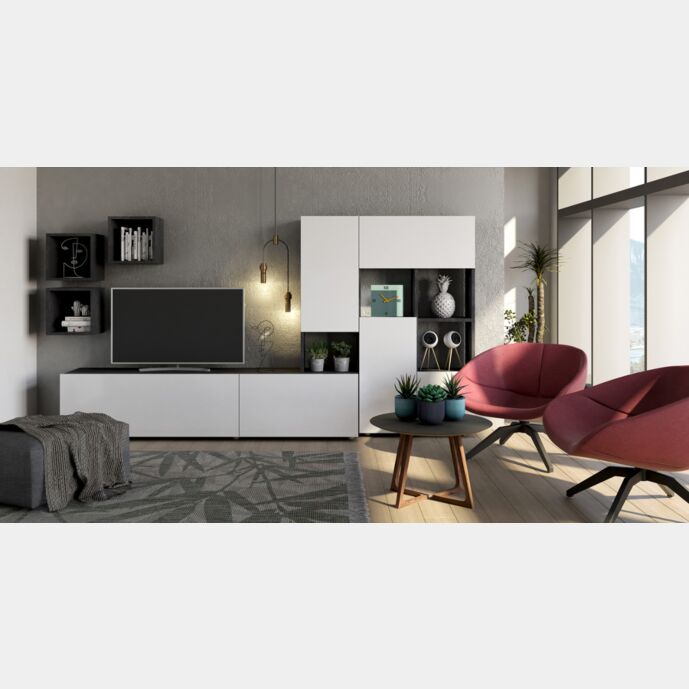 Parete attrezzata moderna, finitura bianco lucido e grigio Made in Italy