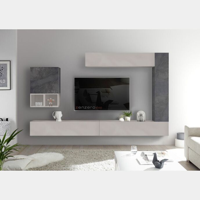 Soggiorno Zenzero moderno, parete attrezzata con con ribalte, pensili, cubi e vani a giorno, Piombo e Gesso