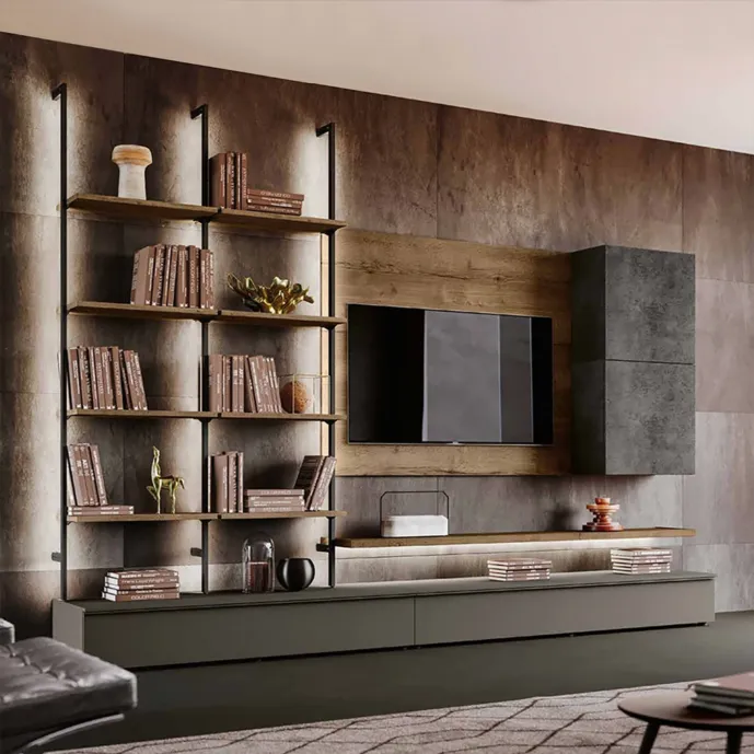 Parete attrezzata con libreria illuminata, Grigio cenere, Ardesia scura, Rovere tabacco Zenzero Shop