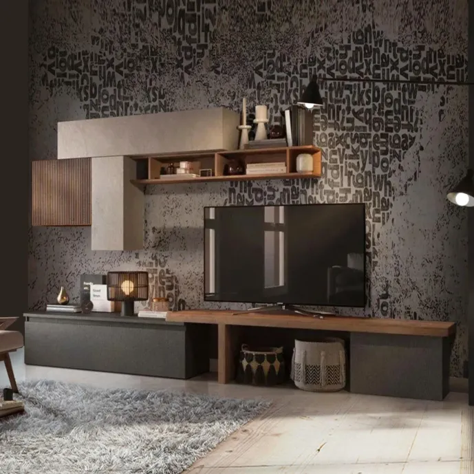 Parete Attrezzata Moderna 280x40x202 h cm, Mercure cannettato, Argilla e Lava, collezione Logica Zenzero Shop