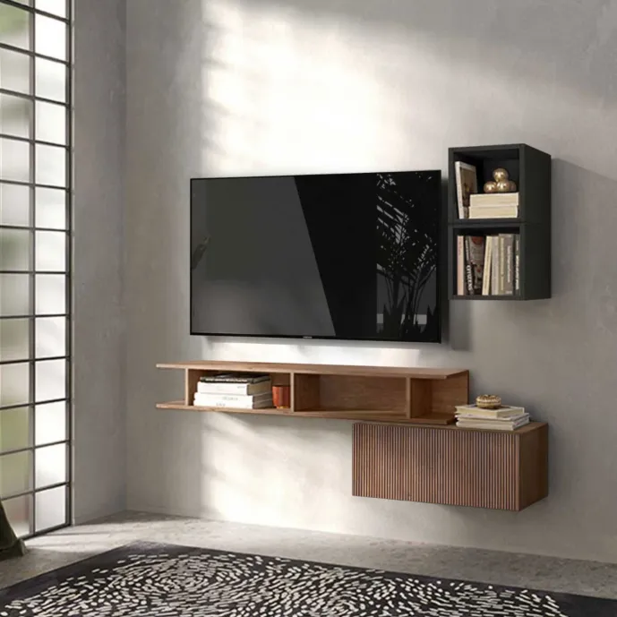 Parete attrezzata TV 150x30x126 h cm, Lava e Mercure cannettato, collezione Logica Zenzero Shop